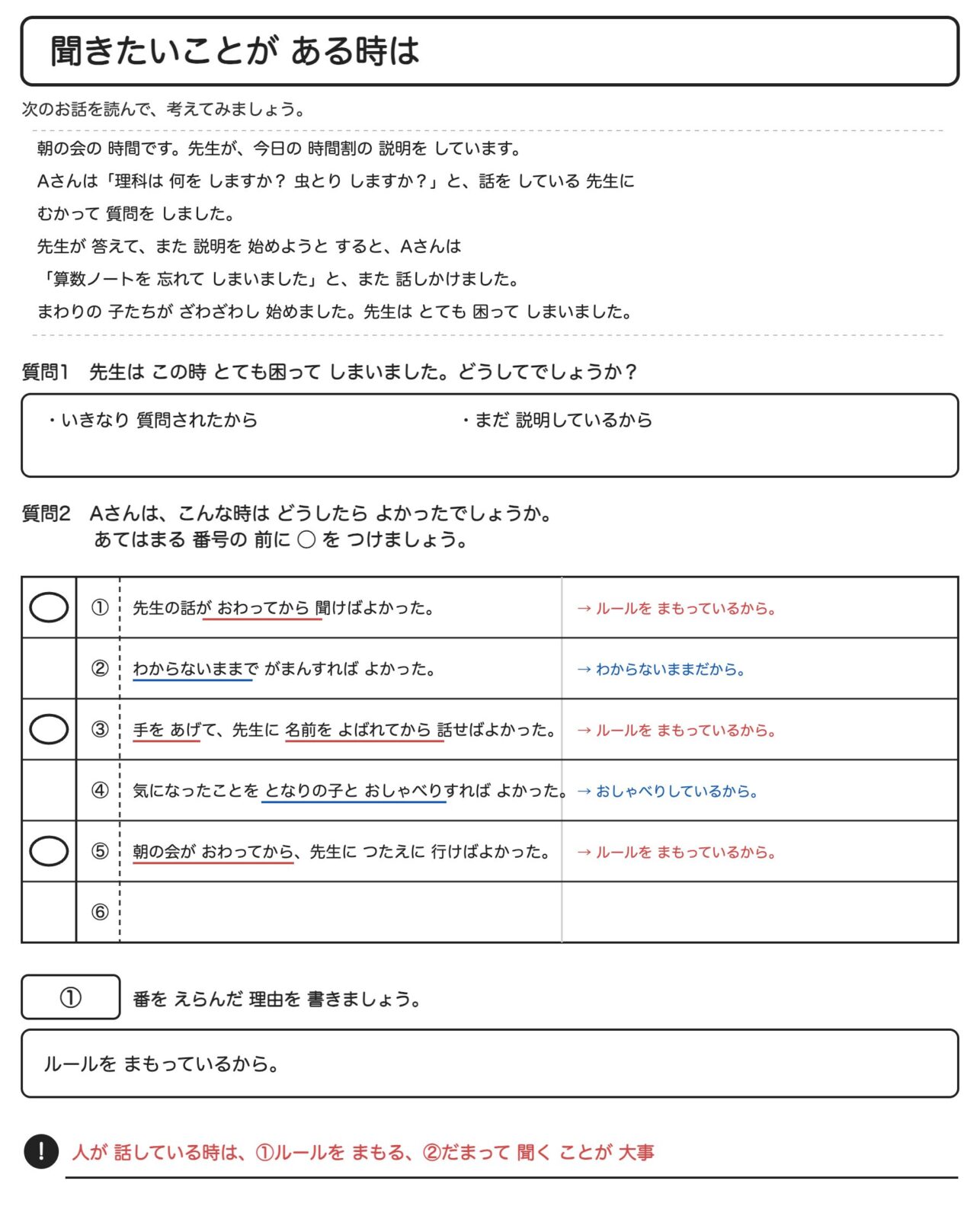 気持ちのワークシート 再現図(指導後・書き込み済み)