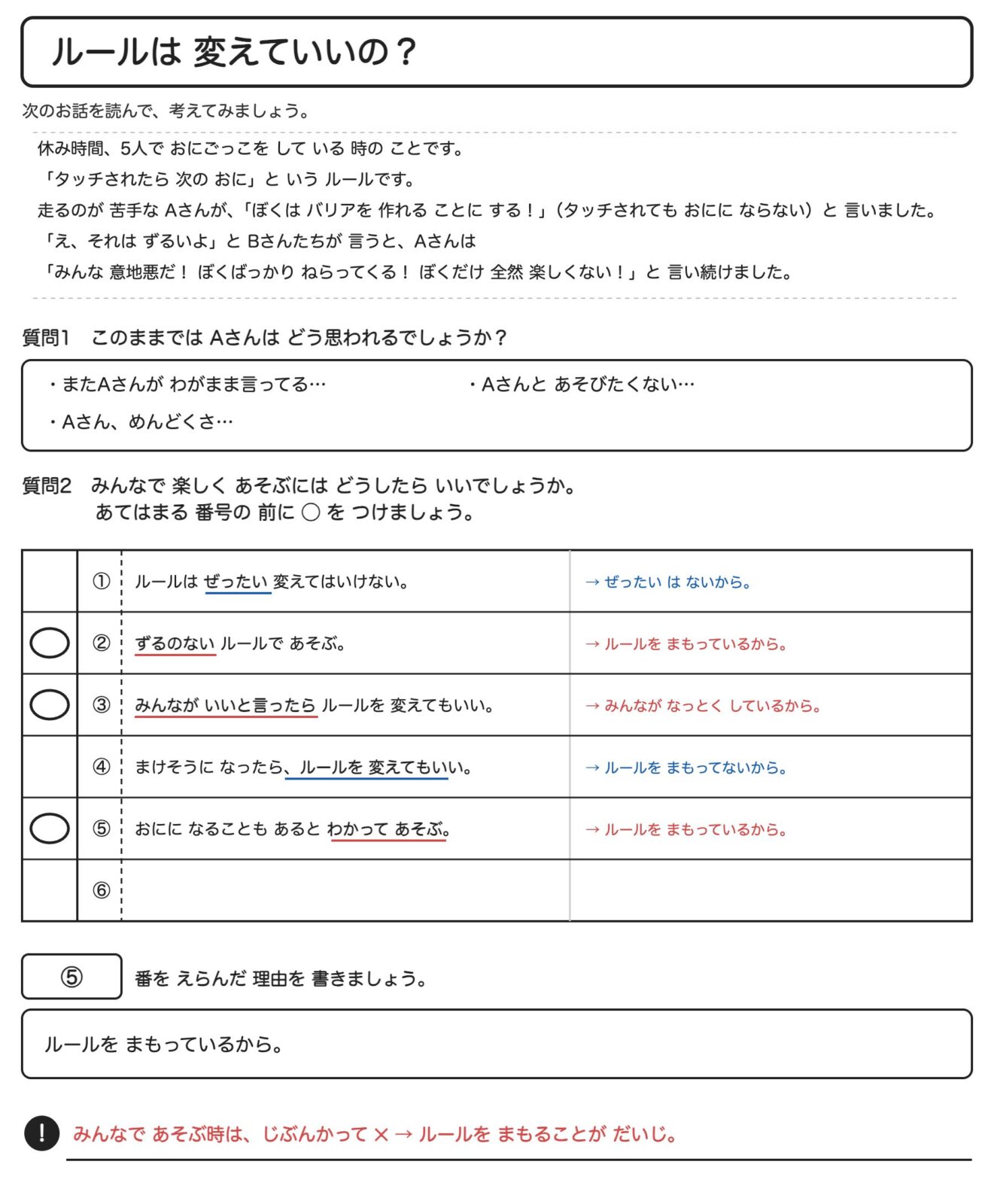 気持ちのワークシート 再現図(指導後・書き込み済み)